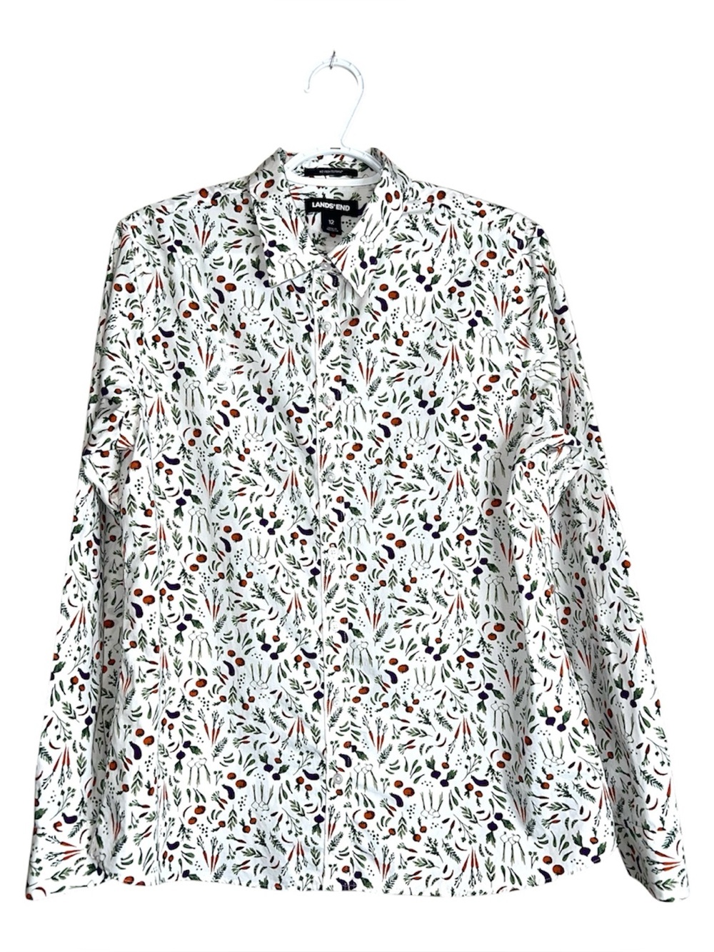 Lands' End White Veggie Print Long-Sleeve Button-Down Shirt Sz 12